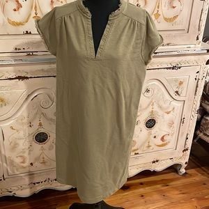 WONDERLY Casual Cotton Shift Dress XL Split Neck Frayed Cap Sleeve Green